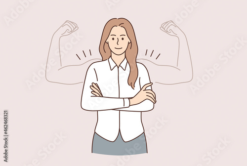 Super power of woman concept. Young smiling woman cartoon character standing with hands crossed and muscle strong biceps hands as shadow vector illustration 
