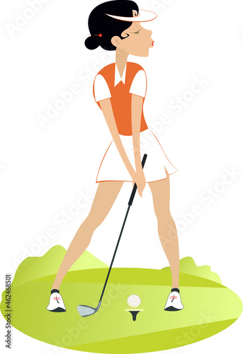 Young golfer woman on the golf course illustration.
Pretty golfer woman with a golf club tries to do a good kick isolated on white
