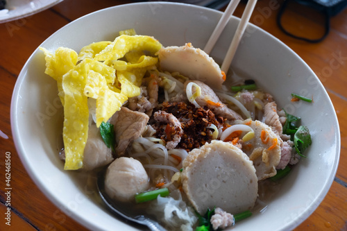 Asian noodles in Thailand in a white tiled bowl