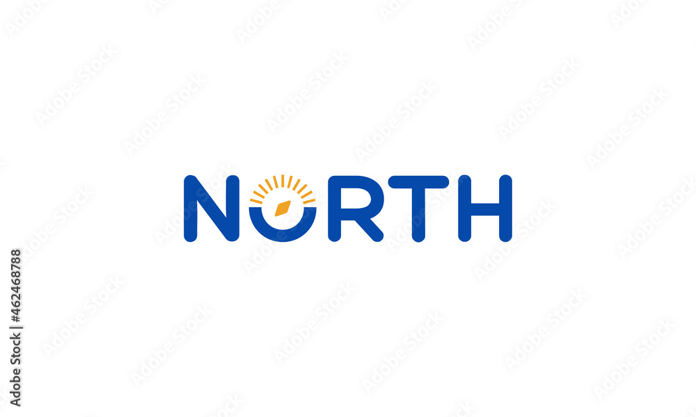 vector graphic illustration of a logo design for word mark, typography. combination the word north and a simple compass graphic in the letter O. modern, simple, clean. vector graphic illustration of a logo design for word mark, typography. combination the word north and a simple compass graphic in the letter O. modern, simple, clean.