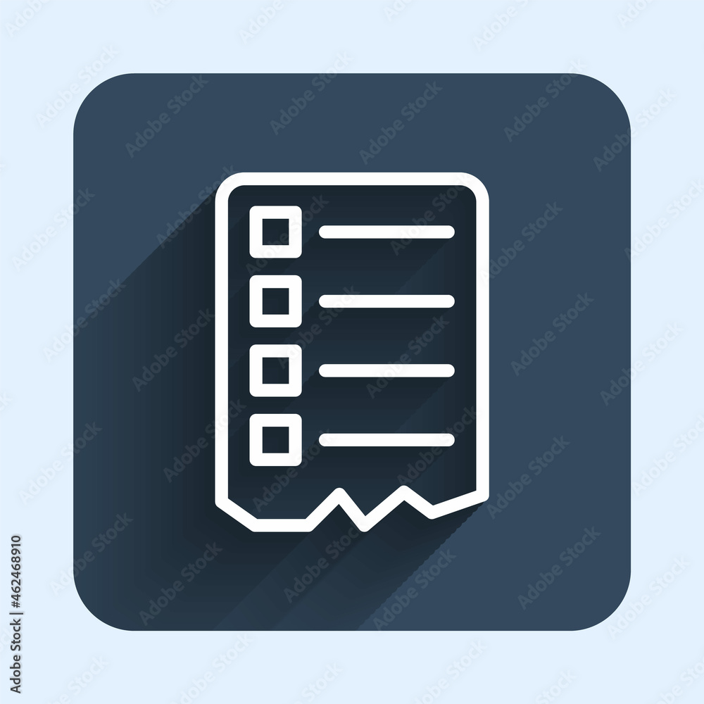 White line Shopping list icon isolated with long shadow background. Blue square button. Vector White line Shopping list icon isolated with long shadow background. Blue square button. Vector