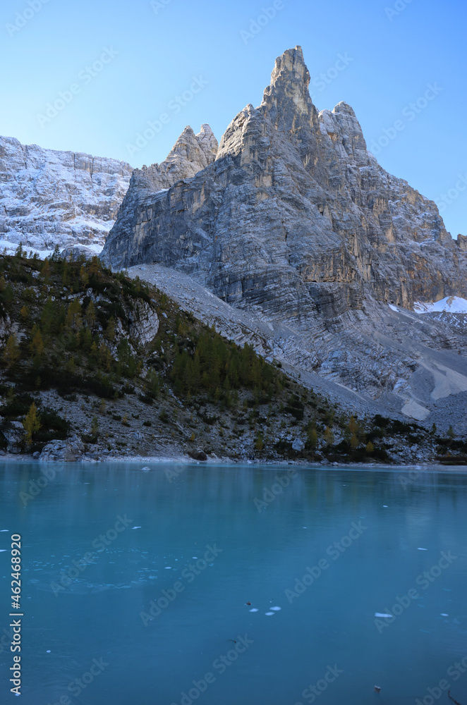 The frozen Sorapiss lake, Dolimiti mountains, Italy