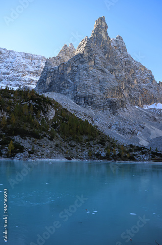 The frozen Sorapiss lake, Dolimiti mountains, Italy photo