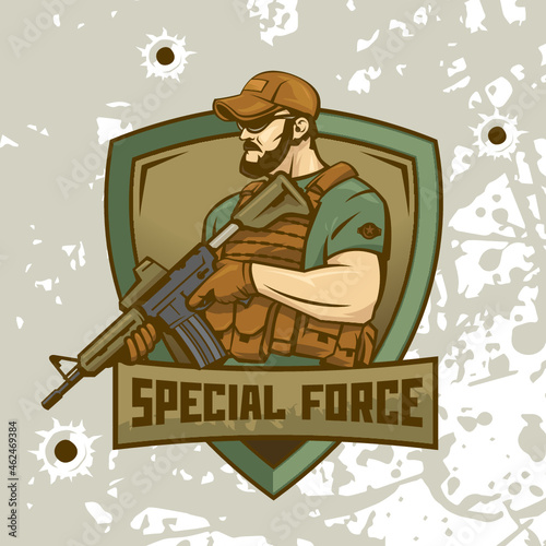 Special Forces soldier holds an assault machine rifle against the background of the shield. Logo of a military man illustration.