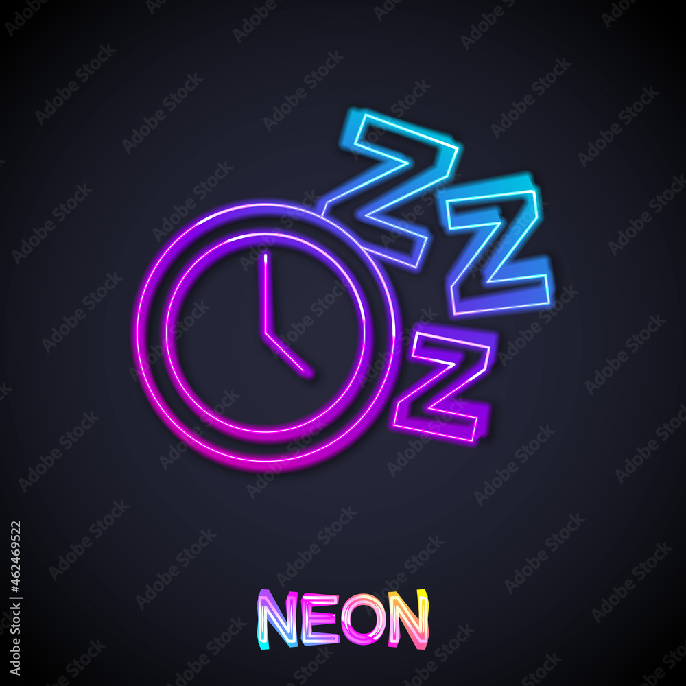 Glowing neon line Alarm clock icon isolated on black background. Wake up, get up concept. Time sign. Vector Glowing neon line Alarm clock icon isolated on black background. Wake up, get up concept. Time sign. Vector