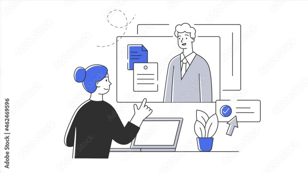 Bank employee consult client about product line. Digital technology in service sector. Technical support service. Flat cartoon concept. 2d animation with alpha channel isolated on white background Bank employee consult client about product line. Digital technology in service sector. Technical support service. Flat cartoon concept. 2d animation with alpha channel isolated on white background