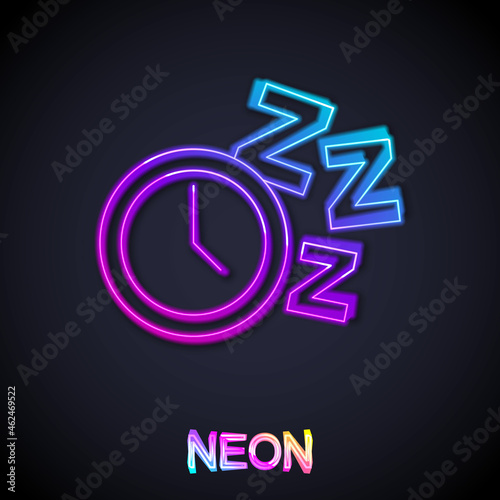 Glowing neon line Alarm clock icon isolated on black background. Wake up, get up concept. Time sign. Vector