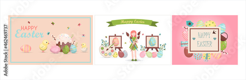 A set of brightly, colorful easter banners with eggs. Vector illustration with a happy Easter wish. Banner for sale. Template for a postcard, invitation, ad or banner. Christian holiday.