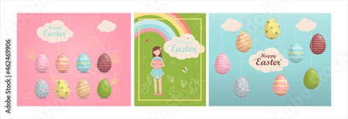 A set of brightly, colorful easter banners with eggs. Vector illustration with a happy Easter wish. Banner for sale. Template for a postcard, invitation, ad or banner. Christian holiday.