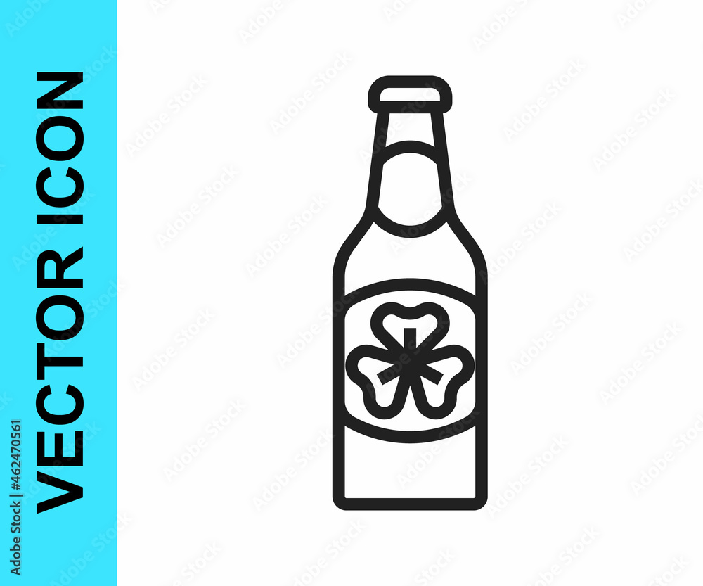 Black line Beer bottle with clover trefoil leaf icon isolated on white background. Happy Saint Patricks day. National Irish holiday. Vector Black line Beer bottle with clover trefoil leaf icon isolated on white background. Happy Saint Patricks day. National Irish holiday. Vector