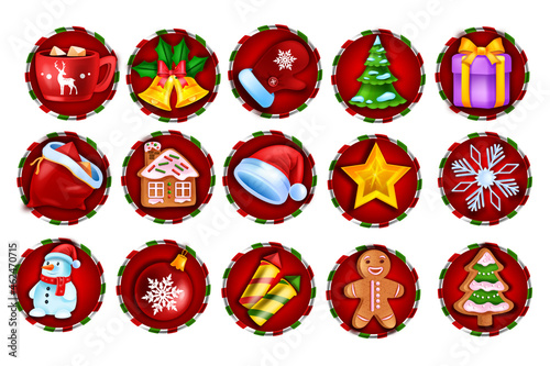 Christmas winter game slot icon, vector casino holiday badge set, web UI x-mas design element kit. New Year Santa Claus sack, snowman, gingerbread, mobile app gambling collection. Game slot clipart