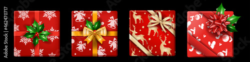 Christmas holiday gift box set, vector x-mas realistic present package top view, winter New Year surprise. Red wrapping paper, golden bow, yellow ribbon celebration decor. Shopping gift box collection
