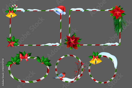 Christmas winter frame set, vector holiday x-mas border kit, New Year festive photo design element. UI game season striped banner, snowdrift, bullfinch, evergreen plants, golden bell. Christmas frame