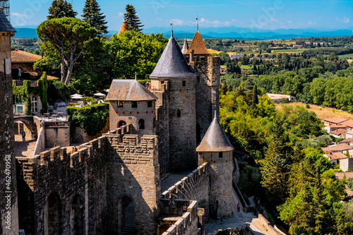 The Ancient Fortress of Carcassonne, France. Europe castle. View from the Cite. photo