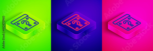 Isometric line Mystery box or random loot box for games icon isolated on green, blue and pink background. Question mark. Unknown surprise box. Square button. Vector