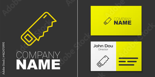 Logotype line Hand saw icon isolated on grey background. Logo design template element. Vector