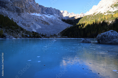 The frozen Sorapiss lake, Dolimiti mountains, Italy