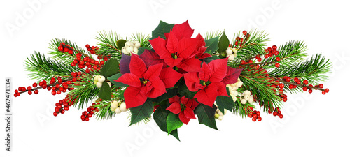 Twigs of Christmas tree, poinsettia flowers and berries in line festive arrangement isolated on white