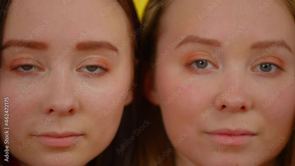 Close-up faces of identical twin sisters looking at camera. Slim beautiful young Caucasian women posing. Sisterhood and beauty concept Close-up faces of identical twin sisters looking at camera. Slim beautiful young Caucasian women posing. Sisterhood and beauty concept
