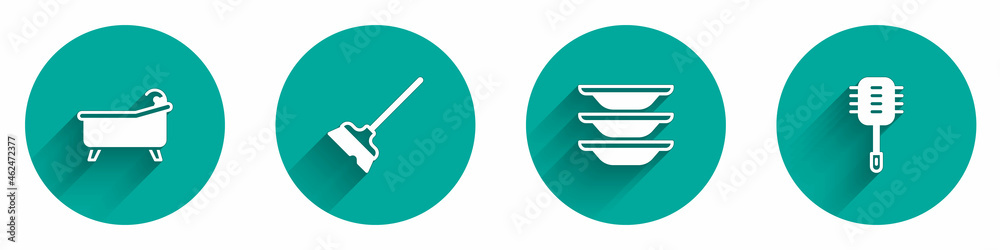 Set Bathtub, Mop, Washing dishes and Toilet brush icon with long shadow. Vector Set Bathtub, Mop, Washing dishes and Toilet brush icon with long shadow. Vector