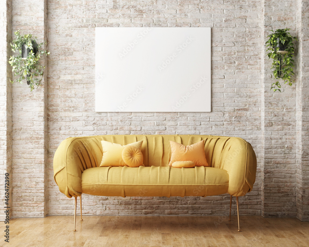 Mock-up poster, yellow sofa, and vintage brick background wall in the living room.
3d render, 3d illustration - obrazy, fototapety, plakaty 