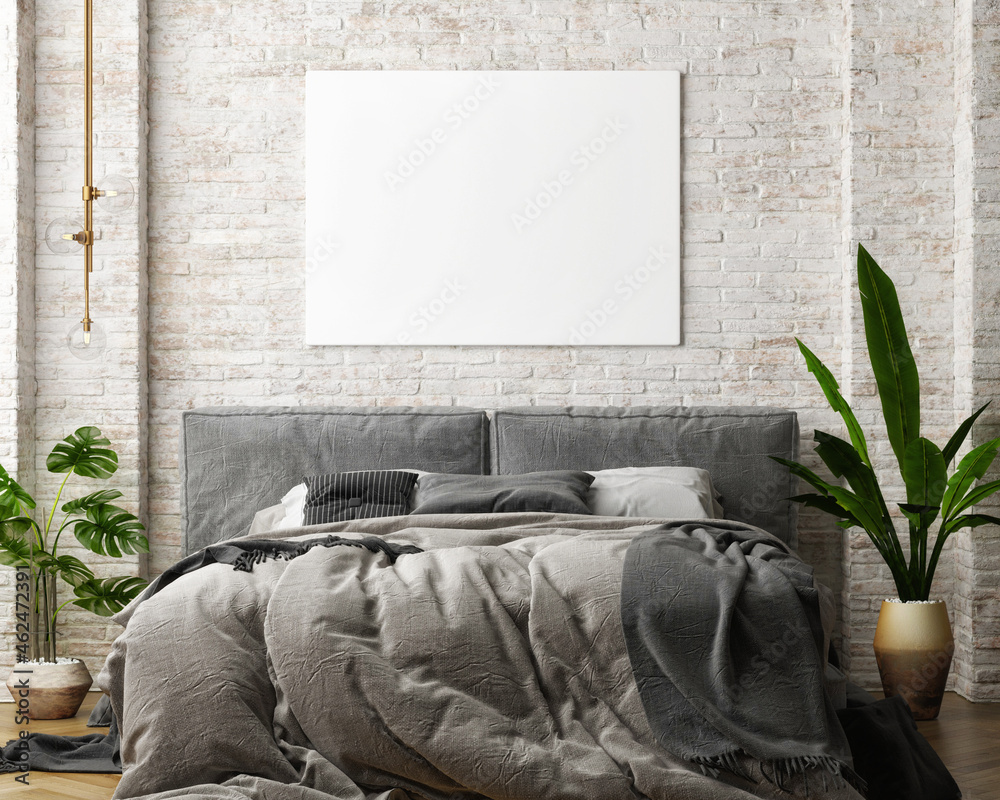 Mock-up poster in the bedroom, comfortable gray bed, vintage brick wall. 3d illustration - obrazy, fototapety, plakaty 