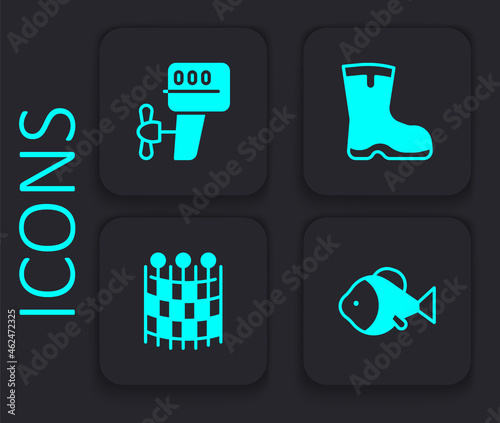 Set Fish, Outboard boat motor, Fishing boots and net pattern icon. Black square button. Vector