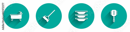Set Bathtub, Mop, Washing dishes and Toilet brush icon with long shadow. Vector