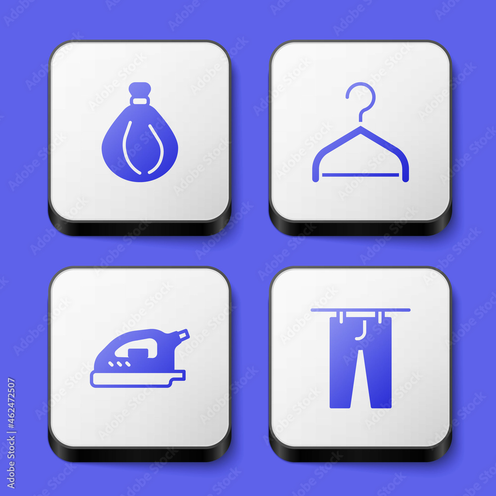 Set Garbage bag, Hanger wardrobe, Electric iron and Drying clothes icon. White square button. Vector Set Garbage bag, Hanger wardrobe, Electric iron and Drying clothes icon. White square button. Vector