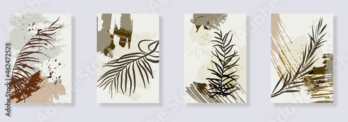 Trendy set of minimalist abstract leaves and abstract forms. Minimal botanical wall art. Mid century modern graphic. Plant art design for social media, blog post, print, cover, wallpaper. Vector