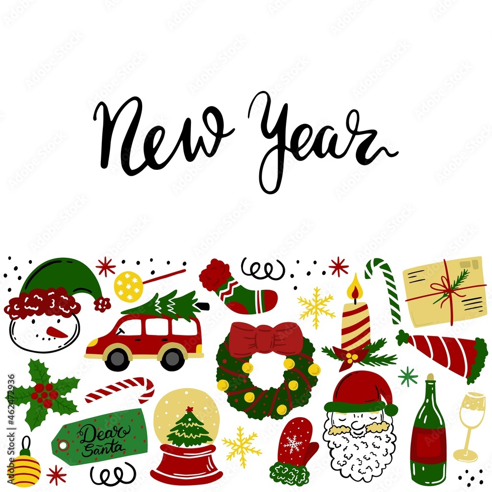 New year banner design with bright colorful hand drawn illustrations, christmas symbols made as background. Vector template for greeting card, social media post or print poster. New year banner design with bright colorful hand drawn illustrations, christmas symbols made as background. Vector template for greeting card, social media post or print poster.