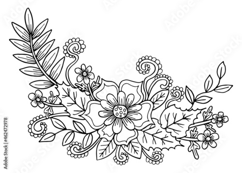 Bouquet of flowers, branches and leaves coloring page. Hand drawn floral wreath with blooming buds line art in doodle style. Black and white vector illustration.