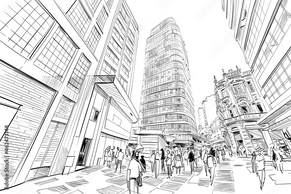 Sao paulo shopping center. Brazil. South America.  Hand drawn city sketch. Vector illustration.