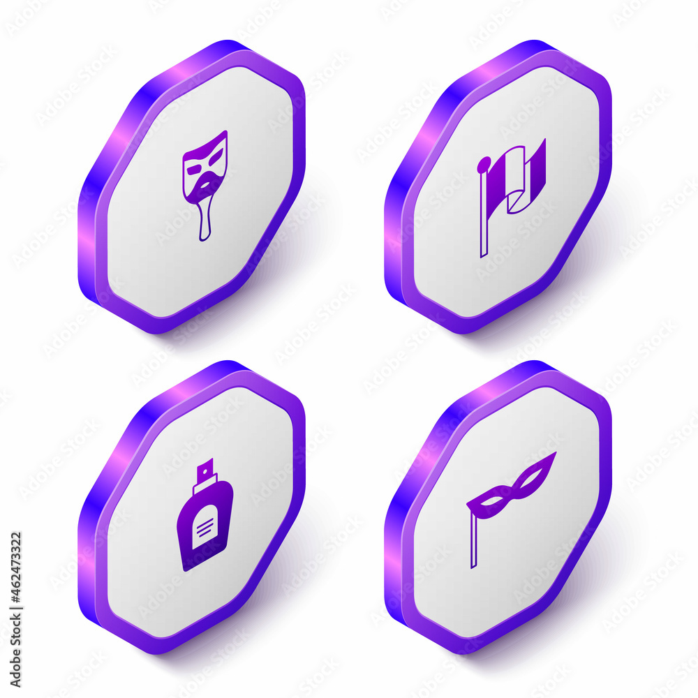 Set Isometric Carnival mask, Flag Italy, Perfume and icon. Purple hexagon button. Vector Set Isometric Carnival mask, Flag Italy, Perfume and icon. Purple hexagon button. Vector