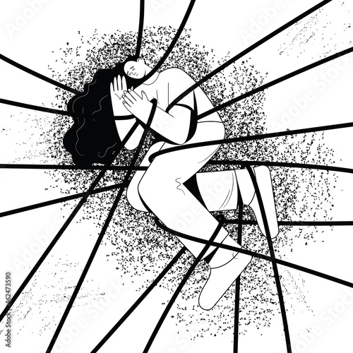 Mental problem concept. Woman with nervous problems and anxiety lies on the floor in bonds. Vector illustration.