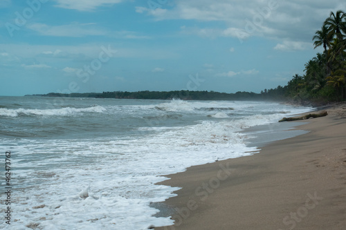 Waves of the Sea Reaching the Shore with Lots of Foam in a Cloudy and Cold Sky