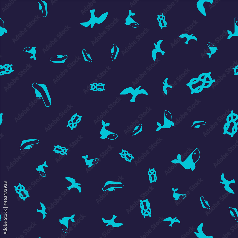 Set Inflatable boat with motor, Nautical rope knots, Bird seagull and Whale on seamless pattern. Vector Set Inflatable boat with motor, Nautical rope knots, Bird seagull and Whale on seamless pattern. Vector
