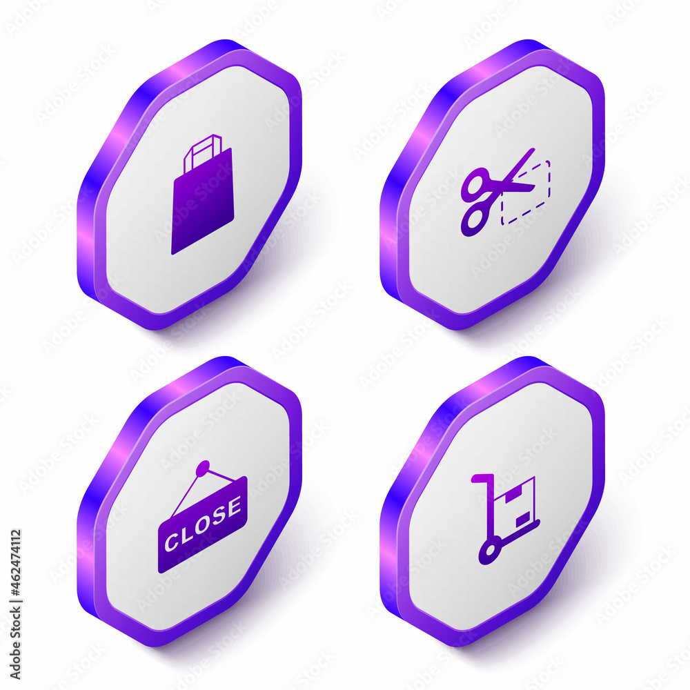Set Isometric Paper shopping bag, Scissors cuts discount coupon, Hanging sign with text Closed and Hand truck and boxes icon. Purple hexagon button. Vector Set Isometric Paper shopping bag, Scissors cuts discount coupon, Hanging sign with text Closed and Hand truck and boxes icon. Purple hexagon button. Vector