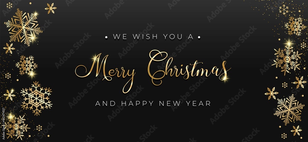 Christmas luxury background. Xmas design template with golden snowflakes, confetti and black background. Horizontal christmas design for banner, web, invitation, greeting card. Vector illustration