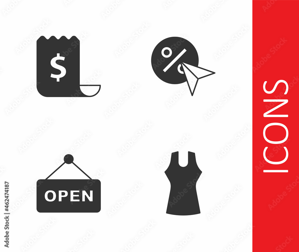 Set Woman dress, Paper check and financial check, Hanging sign with text Open and Discount percent tag icon. Vector Set Woman dress, Paper check and financial check, Hanging sign with text Open and Discount percent tag icon. Vector