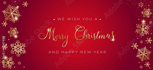 Christmas luxury background. Xmas design template with golden snowflakes, confetti and black background. Horizontal christmas design for banner, web, invitation, greeting card. Vector illustration