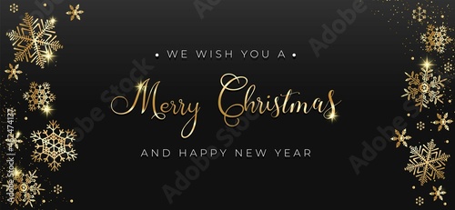 Christmas luxury background. Xmas design template with golden snowflakes, confetti and black background. Horizontal christmas design for banner, web, invitation, greeting card. Vector illustration