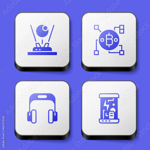 Set Hologram, Blockchain technology Bitcoin, Headphones and Cryogenic capsules icon. White square button. Vector