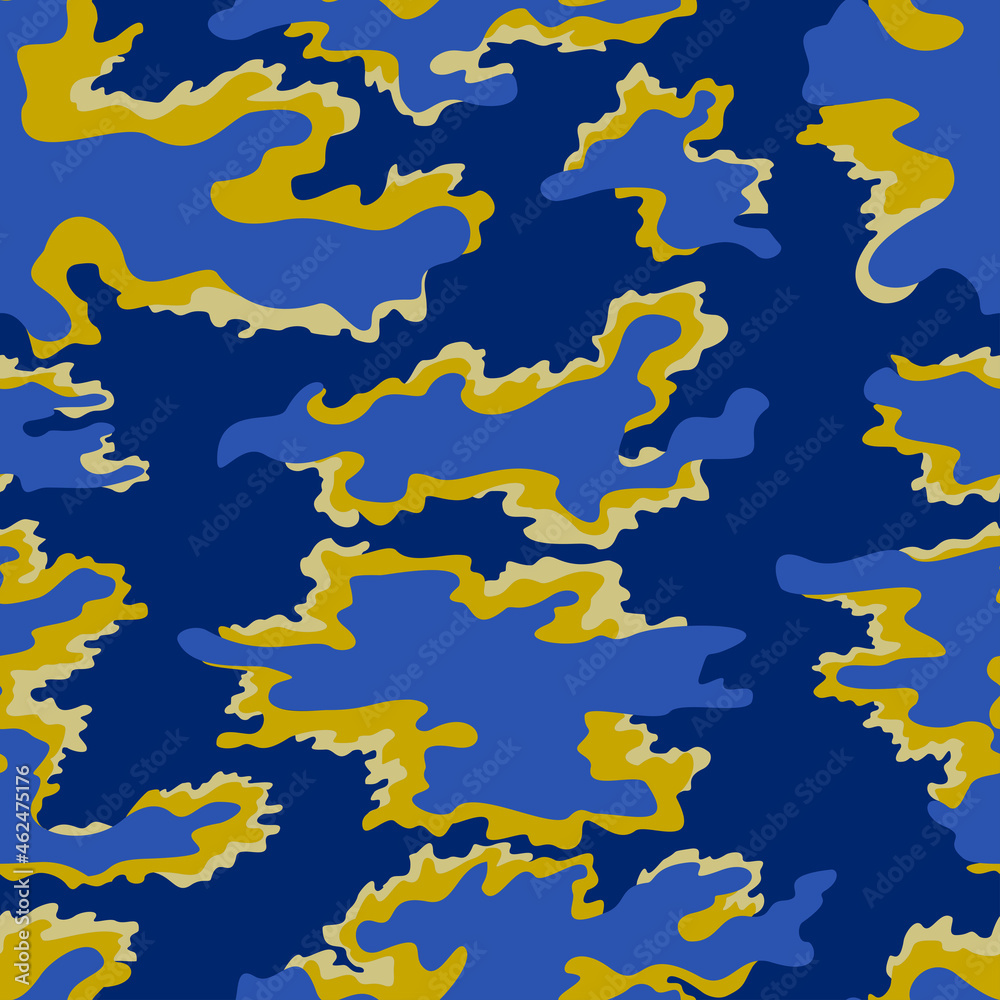 Vector blue camouflage pattern, yellow spots, geometric seamless pattern, stylish coloring.
Vector blue camouflage pattern, yellow spots, geometric seamless pattern, stylish coloring.
