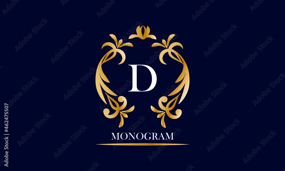Golden elegant monogram on a black background with the inscription and the letter D in white. Vector heraldic illustration. Luxury ornament sign, restaurant, boutique, cafe, hotel