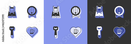Set Heart with glass of beer, Lederhosen, Bottle opener and Wooden barrel on rack icon. Vector