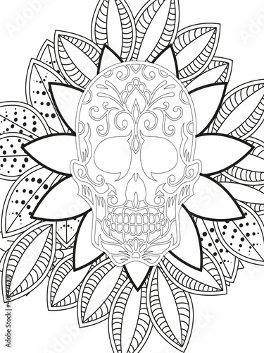 Sugar Skull flowers frame for Halloween or Day of the dead with flower elements. Hand drawn. Doodles art for greeting cards, invitation or poster. Coloring book for adult and kids.