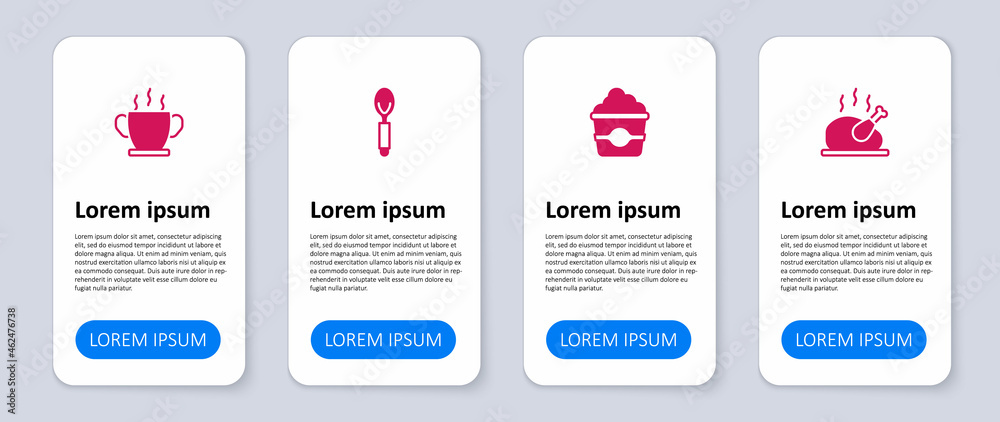 Obraz premium Set Roasted turkey or chicken, Popcorn in cardboard box, Spoon and Bowl of hot soup. Business infographic template. Vector