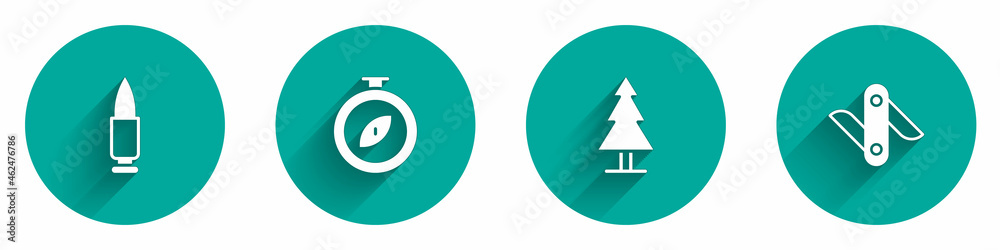 Obraz premium Set Bullet, Compass, Tree and Swiss army knife icon with long shadow. Vector