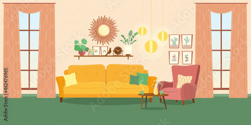 Vector set of living room furniture. Sofa, armchair, pillows, table, windows with curtains, shelf, clock, plants, cups, ceiling lamp, mirror.